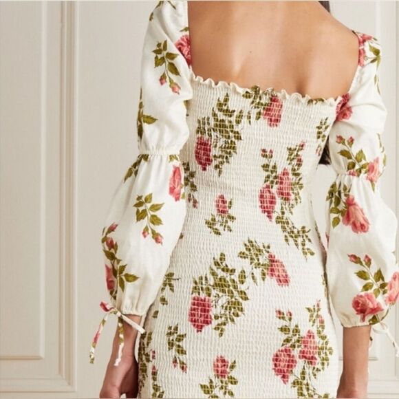 Reformation Linen Dress Hilary Floral Smocked Puff Sleeve Large - Picture 5 of 13